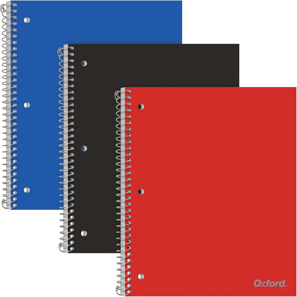 Oxford Spiral Notebooks, 1 Subject, 100 Sheets, College Ruled Paper, Durable Plastic Cover, 3 per Pack, Red, Black, Blue
