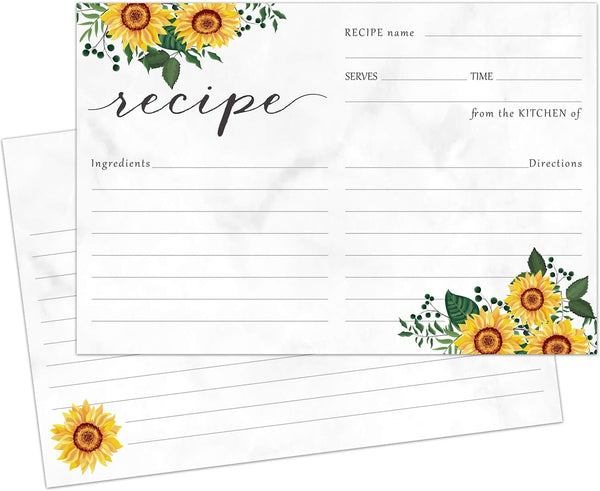 Zonon 50 Pieces Sunflower Recipe Cards, 4x6 Double Sided Kitchen Note Cards for Wedding, Bridal Shower