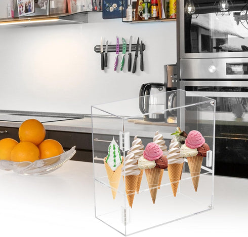 KVMORZE 8 Holes Ice Cream Cone Holder Stand, Acrylic Cabinet With Handle, Transparent Waffle Hand Roll Sushi Display