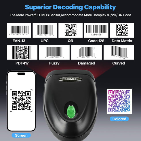 PecuMecu 1D&2D 3-in-1 2.4G PDF417 (TM-10B) Bluetooth Barcode Scanner, Bluetooth & USB Wired & Wireless QR Barcode