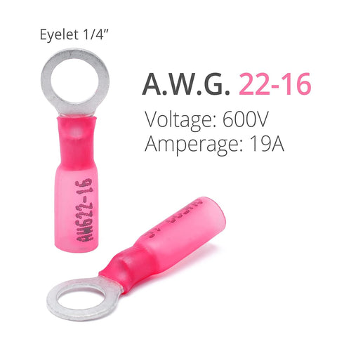 Wirefy 150 PCS Heat Shrink Ring Terminals, 1/4" Resistant Ring Connectors, Red 22-16 AWG