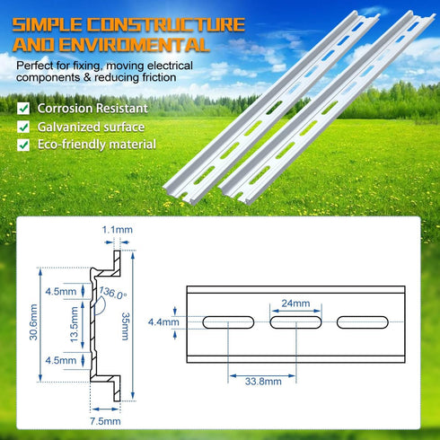 6 Piece Aluminum DIN Rails, 4 Inches Long, 35mm Wide, 7.5mm High, Top Hat Slotted with RoHS, Extra Premium Screws