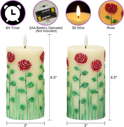 6 3D Decor((2Pcs, D3H6.5) Eldnacele Rose Flameless Candles with Hour Timer, Battery Operated Hand Painted Wick