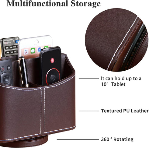 YAPISHI Leather Remote Control Holder, 360 Degree Spinning Desk TV Remote Caddy/Box, Coffee Table Organizer for Controller, Media, Calculator, Mobile Phone and Pencil Storage by YAPISHI