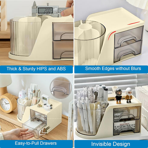 Marte Vanci Desk Organizer, Plastic Makeup Organizer with Drawers, Rotating Pen Holder, Multifunctional Desk Caddy
