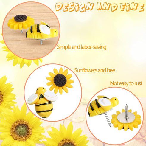 Sunflower Bee Push Pins, Decorative Thumb Tacks for Bulletin Board Photos, Office Decorations Supplies