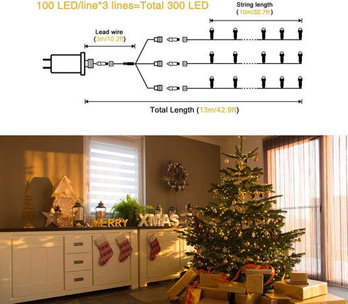 300 8 JMEXSUSS LED Warm White Christmas Lights Outdoor Waterproof, Modes Green Wire Christmas Tree Lights Plug