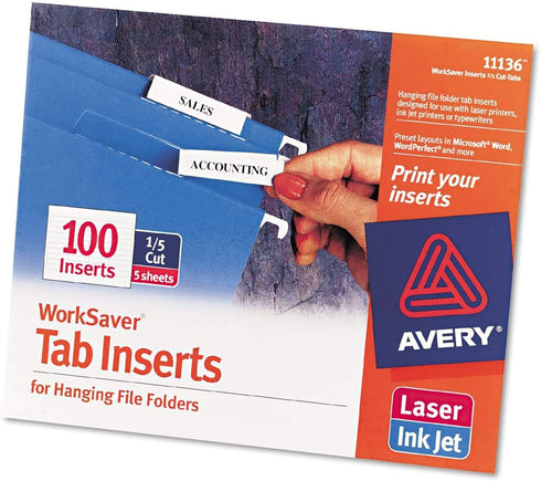 Avery Laser/Inkjet Inserts for Hanging File Folders, 1/5 Tab, 2in, White, 100/Pack - Sold as 2 Packs of 100, Total 200