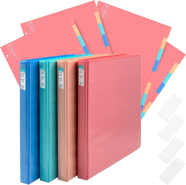 Yoobi 1/2 Inch Multicolor Binder & 8-Tab Divider Set - 4-Pack of 3-Ring Binders with 2 Pockets for School