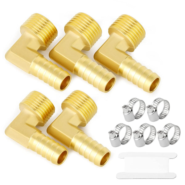 GASHER 5 Pieces Brass Hose Barb Reducer, 90 Degree Elbow 1/4 Inch NPT to 1/4 Inch Barb
