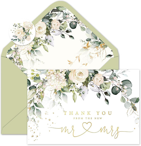Whaline 50 Pack Floral Wedding Thank You Cards Flower with Eucalyptus Leaves