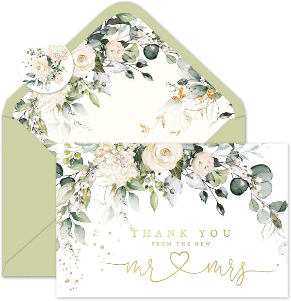 Whaline 50 Pack Floral Wedding Thank You Cards Flower with Eucalyptus Leaves