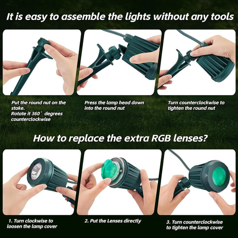 120V 2700K 3 IP67 (2 Pack, Spotlight Outdoor Plug-in, Warm White LED Landscape Spot Lights with RGB Lenses for Yard