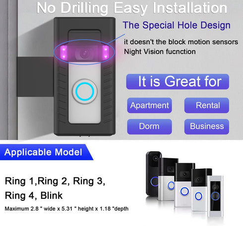 Anti-Theft Doorbell Mount, No-Drill Bracket for Video Doorbell Cover Holder, Does Not Block Sensor