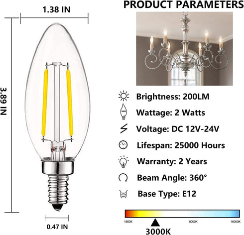 12V Candelabra LED Light Bulb Low Voltage 25 watt Equivalent, 12V LED Bulb E12 3000K 24volt Candelabra Light Bulbs for RV, 6 Pack by SHUWDKAR