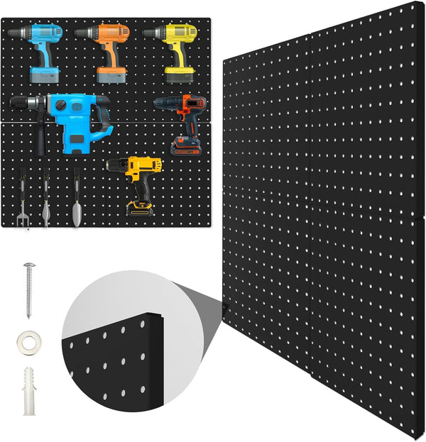 4 Pack Metal Pegboard Panels, Black Wall Organizer with Bent Frame for Heavy Duty Home Storage