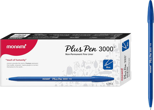 MONAMI Plus 3000 Felt Tip Pens, Fine Point (0.4mm), Blue, 12-Count for Writing/Journaling/Note Taking