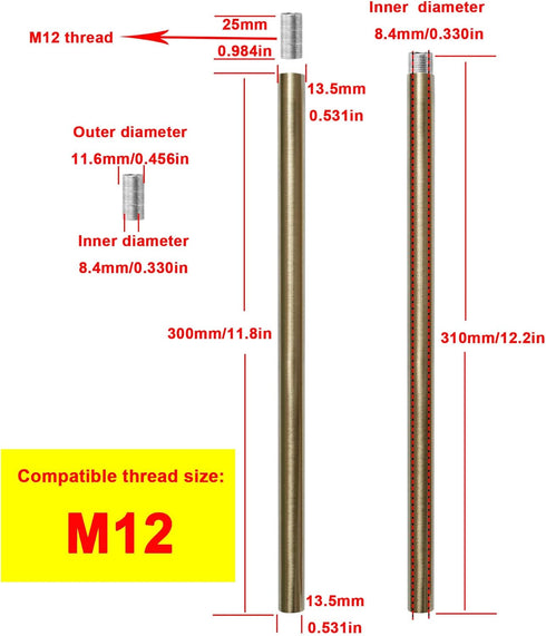 M12 Stems,12 Inches 13.5mm (0.531) 300mm (11.81) Polished Brass Threaded Extension Rod for Pendant Light, Island