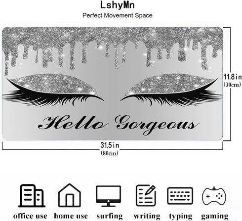 Hello Gorgeous Large Mouse Pad, 31.5x11.8x0.12 Inches, White Silver Glittering Star Pattern for Computer Desk