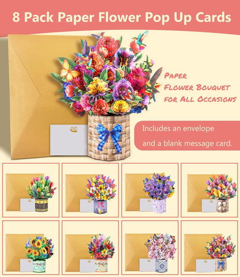 8 Pack 3D Magic Ants Pop Up Flower Bouquet Cards Assortment Beautiful Spring Floral Greeting Cards with Envelopes