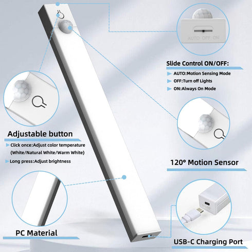 NBBUFF 6pcs Dimmable 3Color (3000K/4500K/6000K), 11.81" LED Motion Sensor Cabinet Lights, USB Rechargeable, Modes Night