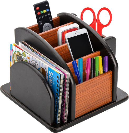 DEAYOU Wood Remote Control Holder, Revolving Desktop Organizer for Pen, Pencil, Mail, Home, Office