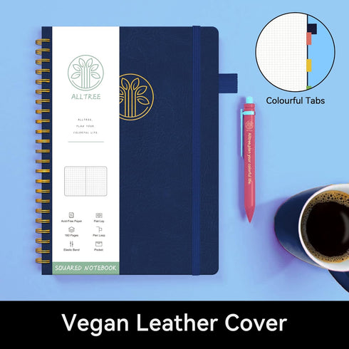 Large Graph Notebook Journal, Spiral Grid Notebook, A5 Medium, Leather Hardcover Graph Notebook, Engineering Paper Notebook, Graphing Notebook, ALLTREE Twin Wire Spiral Bound Notebook with Tabs, Pen by Alltree