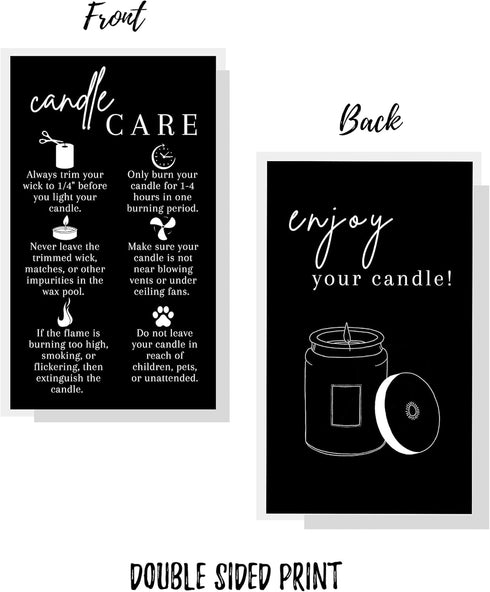 Handmade Candle Care Instruction Card - 50 Pack for Candle Makers, Black with White, 3.5 x 2 inches