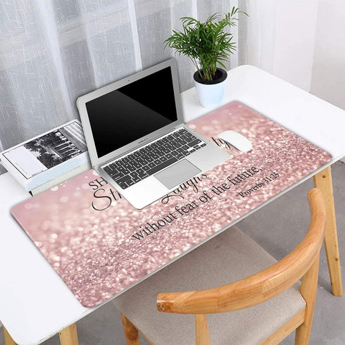 Large Gaming Mouse Pad - Long Extended XL Ergonomic Desk Pad, 31.5'' X 11.8', Proverbs 31:25, Pink Glitter Design