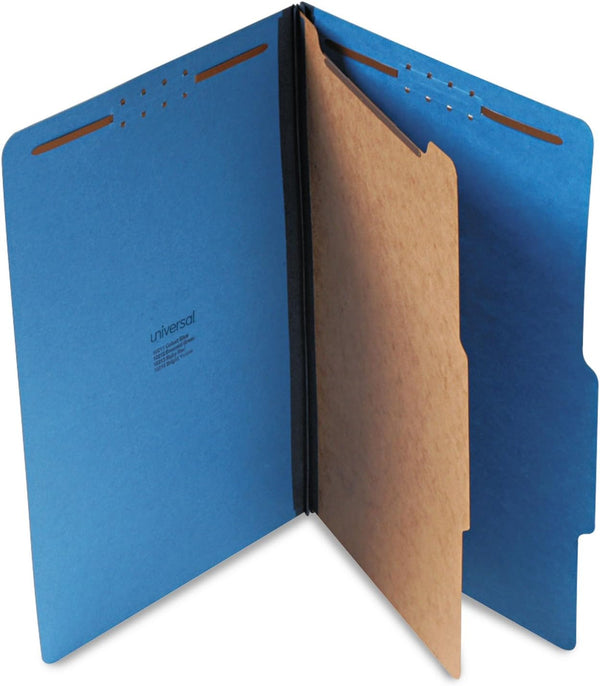 Universal Bright Colored Pressboard Classification Folders, Legal Size, 2" Expansion, 1 Divider, 4 Fasteners, Cobalt