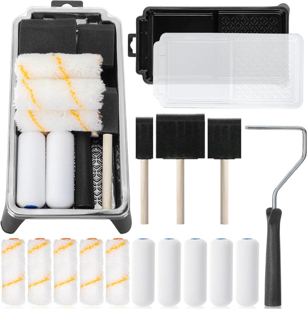 Bates- 4 Inch Paint Roller Set, 18 pcs, 1x Plastic Paint Tray,
