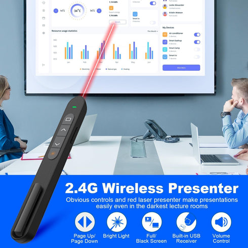 QUI Presentation Clicker, Wireless Presenter with Hyperlink Volume Control, RF 2.4GHz USB Remote for PowerPoint &