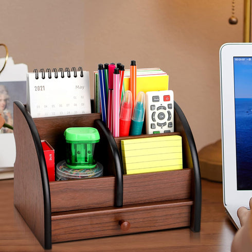 Foraineam Wooden Desk Organizer with Drawer - Remote Control Holder Caddy and Makeup Organizers for Home Office Storage