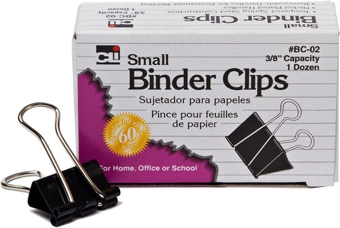 Charles Leonard Small Binder Clips, 3/8" Capacity, Black, 12 Per Box, 48 Boxes