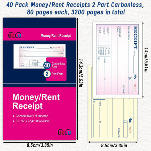 UZLU 40 Packs 3-11/32" 5-5/8" 2 40 Sets Money and Rent Receipt Book, x Rent Receipt Books, Part Carbonless for Small
