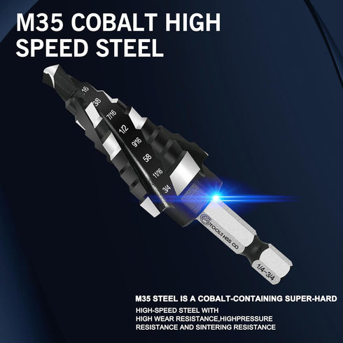M35 Four Spiral Flute Cobalt Step Drill Bit, 1/4"-3/4" Wear-Resistant TiAlN Coated for Metal, Wood, Plastic