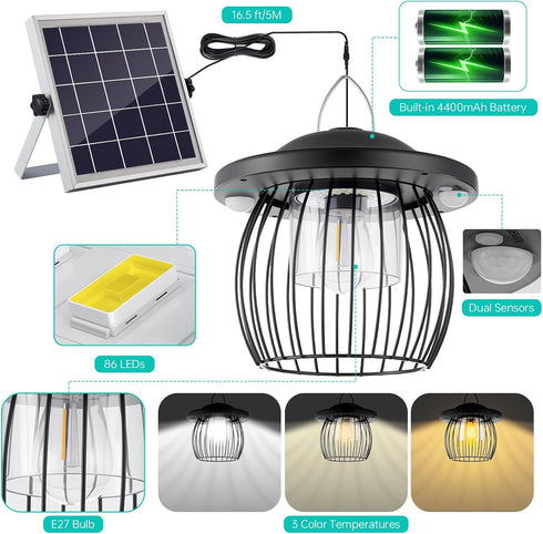 3000LM 4400mAh 3 Deogos Solar Shed Light Outdoor Indoor,Solar Powered Gazebo Light Battery with Motion Sensor and Color
