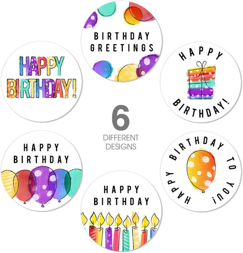 Modern Vibrant Watercolor Birthday Stickers, 6 Bright Balloons Designs, 500 Colorful Celebration Labels