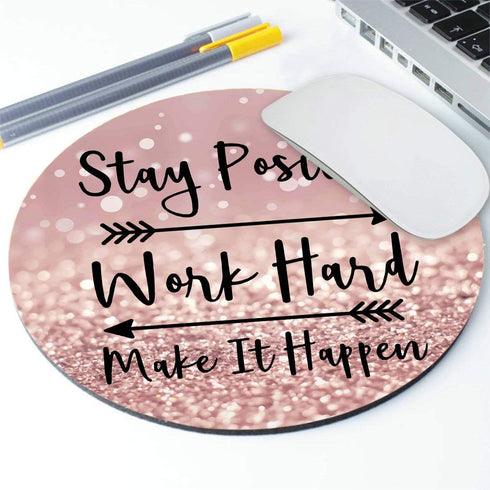 Round Gaming Mouse Pad, Stay Positive Work Hard Inspirational Quotes Art, Rose Gold and Silver Glitter, 7.9 Inch