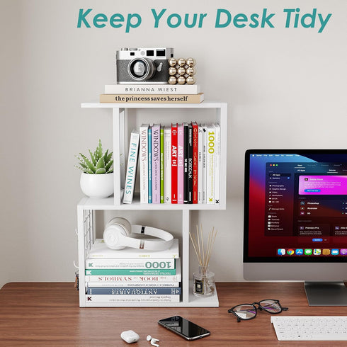 Vfelf 3-Tier Desktop Bookshelf Organizer, White Desk Shelf with Metal Hook Workspace Organizers for Desk Organization