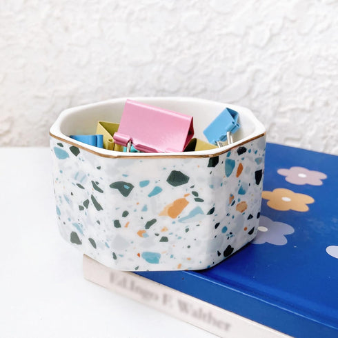 Ceramic Paper Clip Holder, Gold Line Dispenser Organizer for Desk, Cute Terrazzo Marble Pattern, Blue