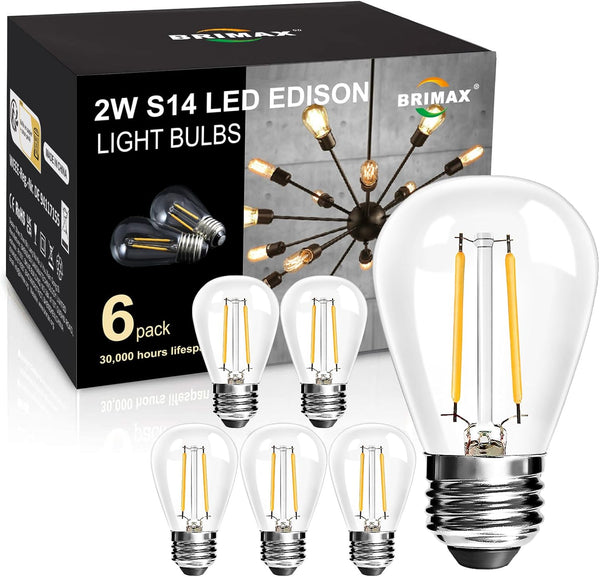 BRIMAX 6 Pack 2W LED Light Bulbs, Plastic LED Filament, 2700K Warm White, E26 Medium Base, Equivalent to 11w/20w/25w,