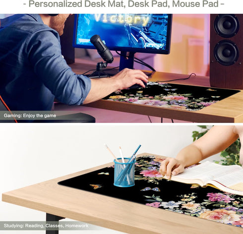 Vimorco Pink Floral Butterfly Flower Desk Mat Mouse Pad, XXL Extended Gaming Mousepad for Women, 31.2x15.6 in