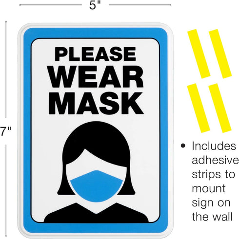 Excello Global Products 5"x7" Please Wear Mask Sign: Plastic Sign for Businesses with Adhesive Strips (Pack of 2)