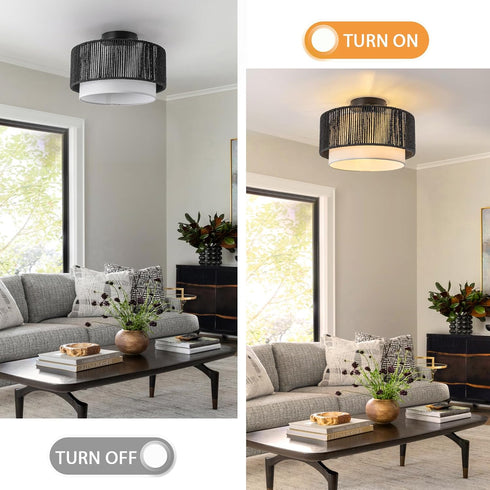 12'' Fixture,2-Tier SineRise Rattan Flush Mount Ceiling Light Drum Hand-Woven Boho Flush Mount Ceiling Light,Farmhouse
