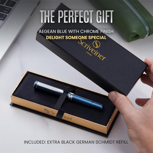 Scriveiner Blue Rollerball EDC Luxury Pen, Chrome Finish, Best Gift for Men & Women, German Schmidt Refill