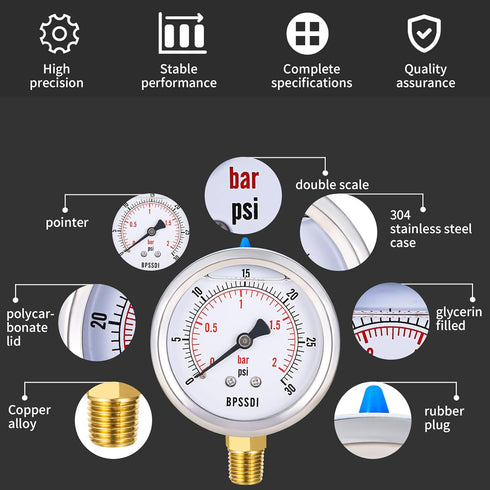 0-30 Psi Pressure Gauge, Glycerin Filled, Water Pressure Gauge, 2-1/2" Dial,1/4"NPT Lower Mount, Stainless Steel Case, for Pneumatic Regulator Air Compressor RV Regulator Water Pressure Test