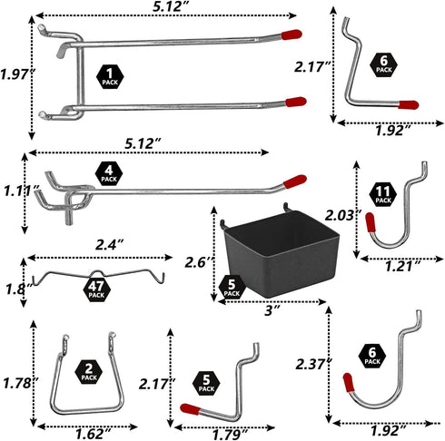 114 Pcs Pegboard Hooks Assortment with Metal Hooks, Bins, and Peg Locks for Organizing Storage System Tools