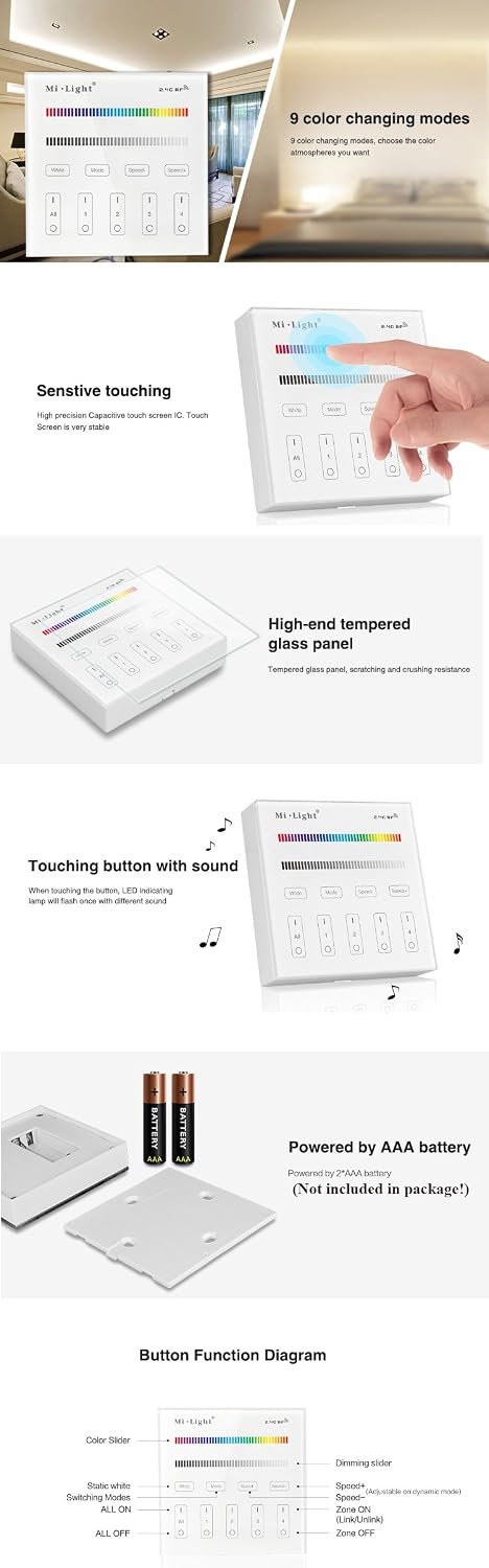 B3 4 Bulb,Strip FUT037 FUT038 LGIDTECH Wireless Zones RGB/RGBW Wall Mounted Smart Panel Controller Powered by AAA