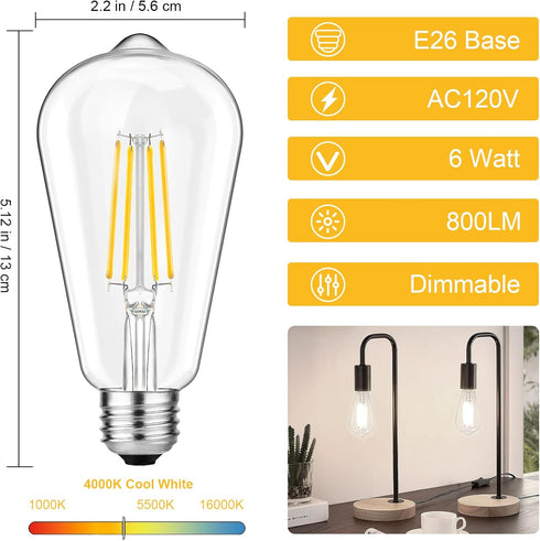 Svater Vintage LED Edison Bulbs, 6W (60W Equivalent), High Brightness, Neutral White 4000K, ST58 Antique Filament, E26